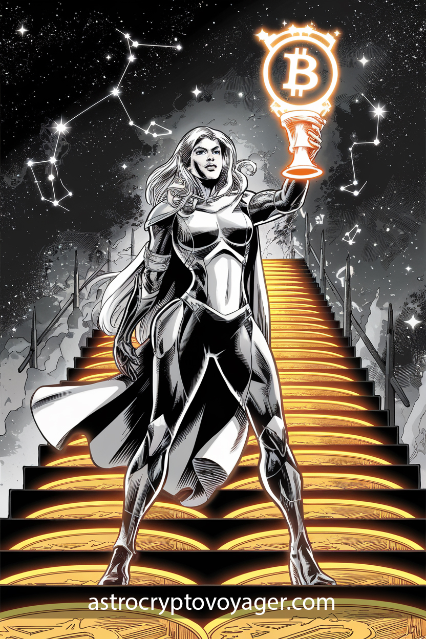 Virgo, Crypto Champion Comic-style, black and white with orange accents: A confident Virgo figure holding a glowing Bitcoin trophy, standing on a staircase of altcoins leading to the stars.